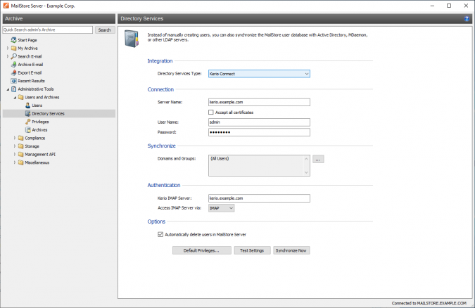 Synchronizing User Accounts With Kerio Connect MailStore Server Help